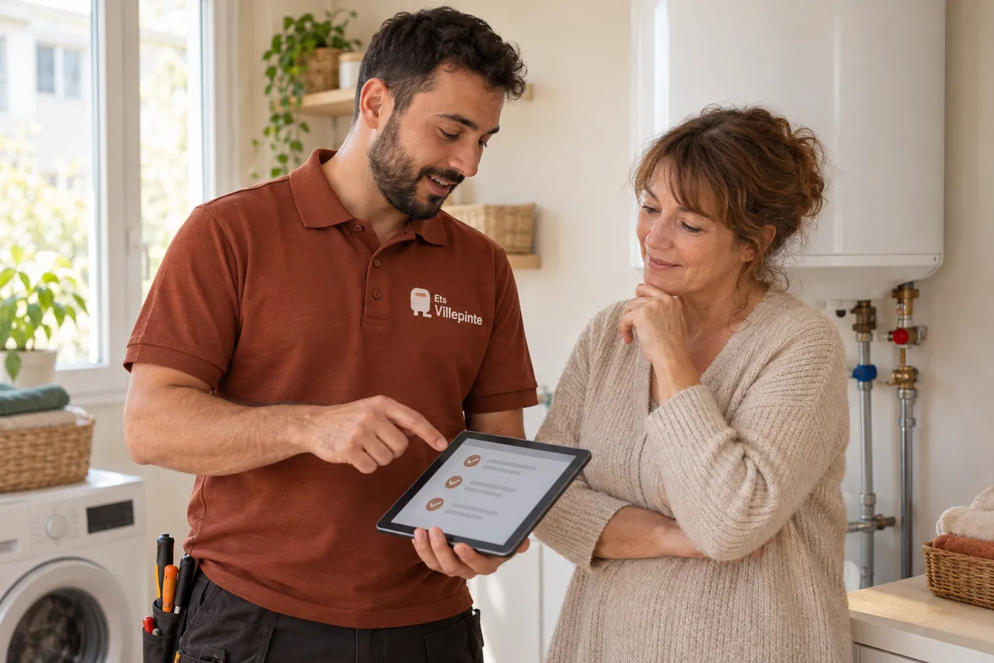 Plombier d'Ets Villepinte présentant le diagnostic sur tablette à une habitante, à côté de son chauffe-eau