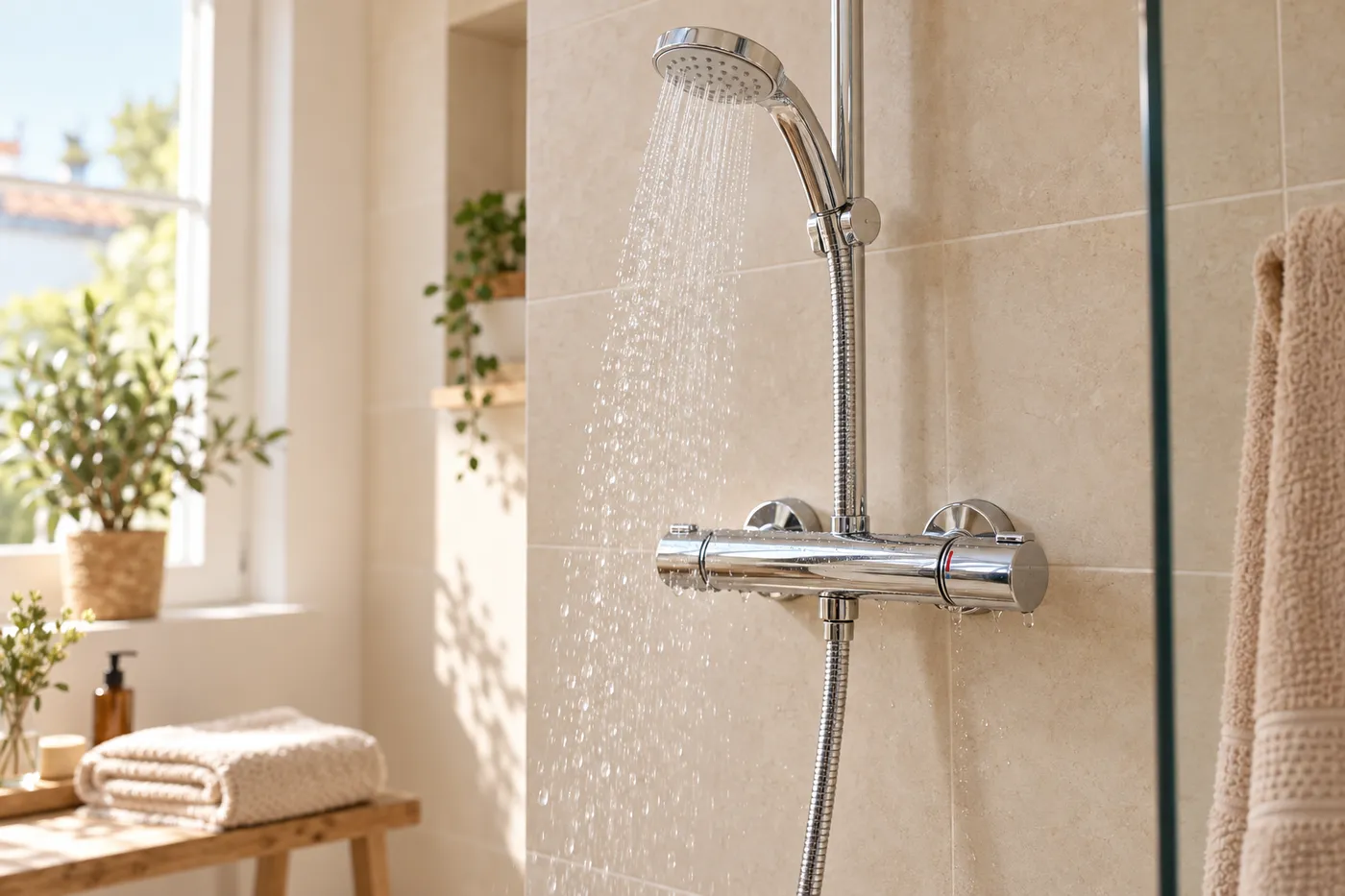 Mitigeur thermostatique de douche posé sur un mur carrelé, eau chaude qui coule franc